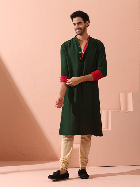 Reversable Yule Green and Red Kurta With Snaps