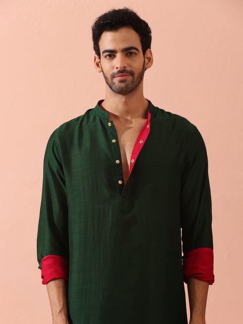 Reversable Yule Green and Red Kurta With Snaps