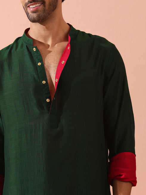 Reversable Yule Green and Red Kurta With Snaps
