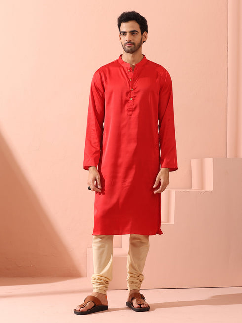 Creed Red Satin Kurta with Gold Buttons