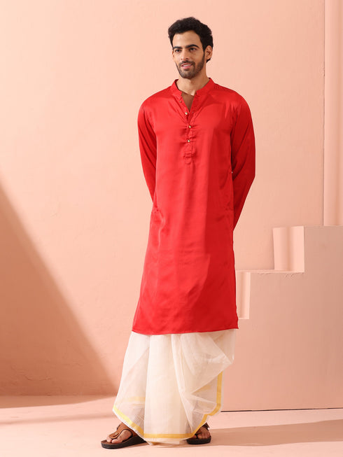 Creed Red Satin Kurta with Gold Buttons