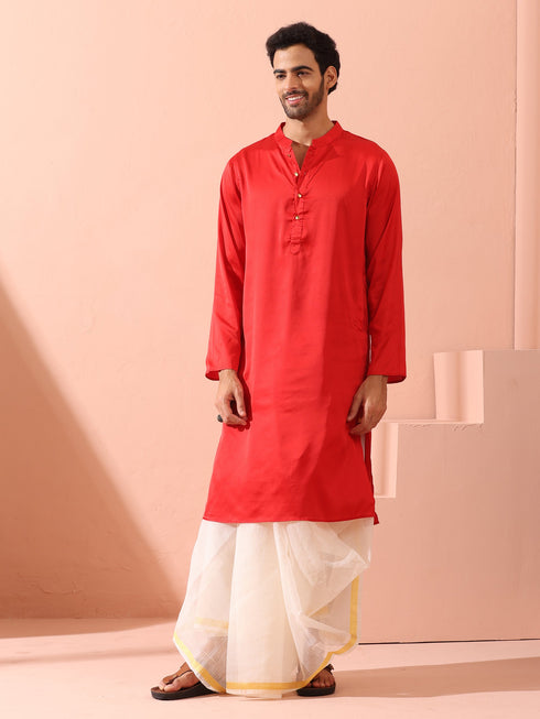 Creed Red Satin Kurta with Gold Buttons