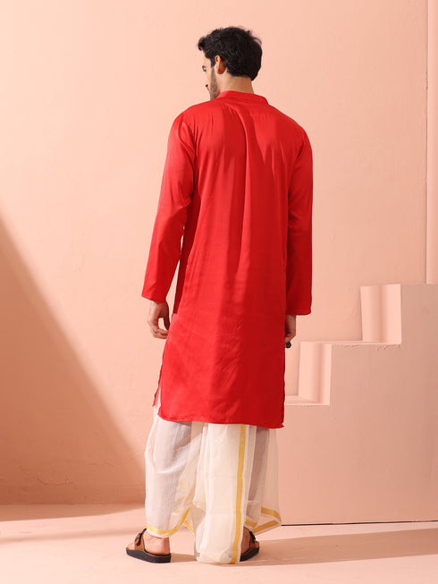 Creed Red Satin Kurta with Gold Buttons