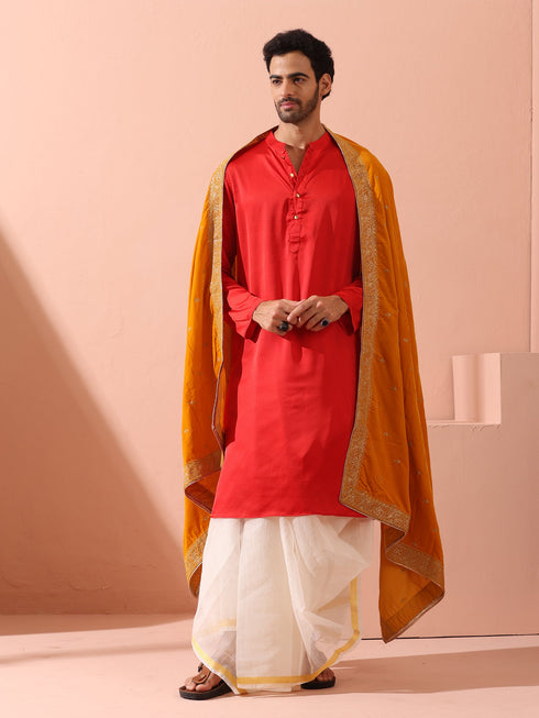Creed Red Satin Kurta with Gold Buttons