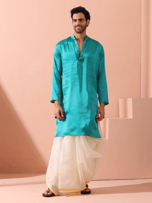 Splash Blue Satin Kurta with Gold Buttons