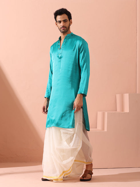 Splash Blue Satin Kurta with Gold Buttons