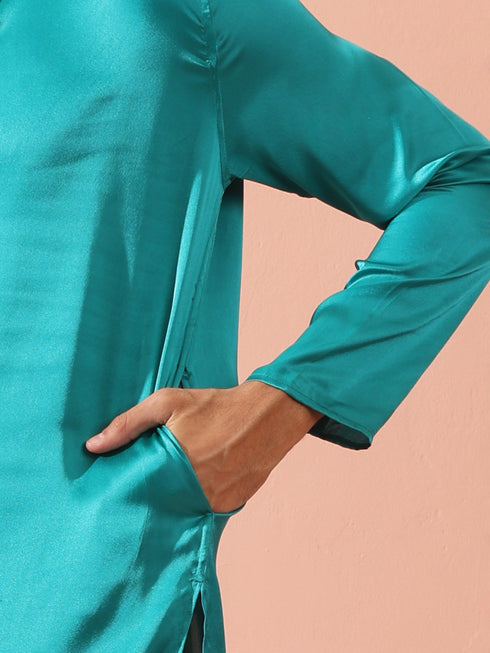 Splash Blue Satin Kurta with Gold Buttons