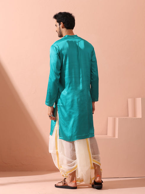 Splash Blue Satin Kurta with Gold Buttons