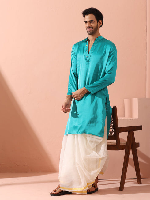 Splash Blue Satin Kurta with Gold Buttons