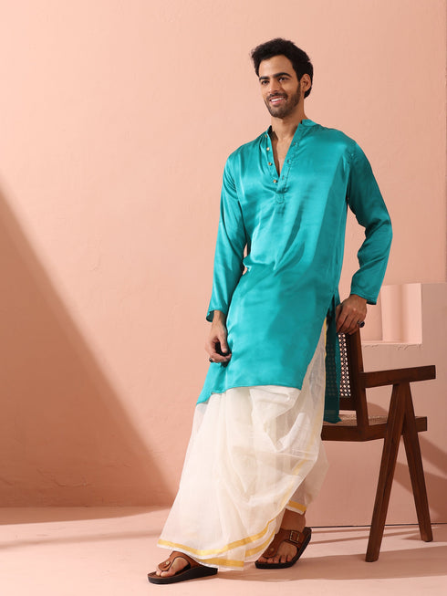 Splash Blue Satin Kurta with Gold Buttons