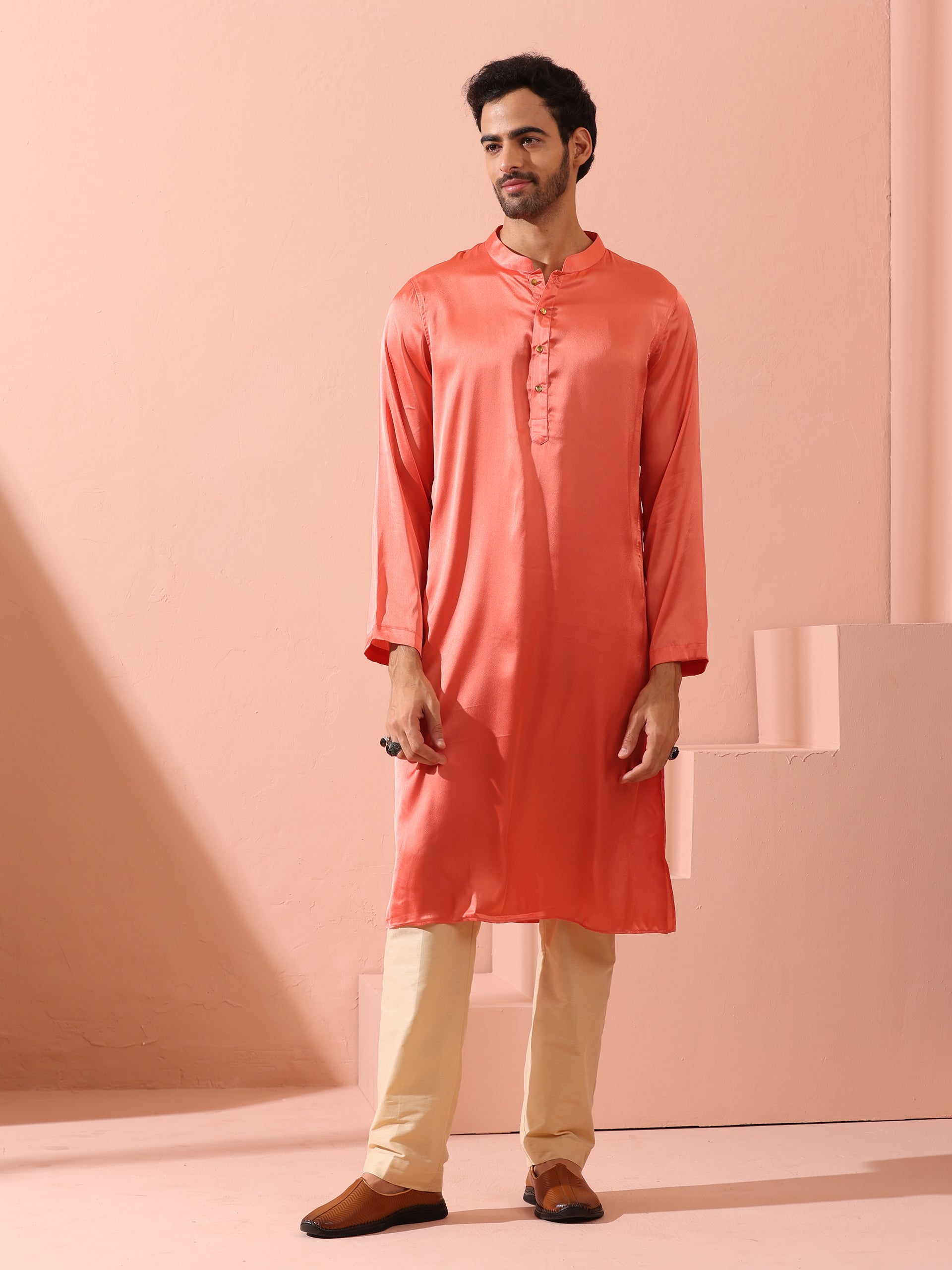 Rose Orange Satin Kurta with Gold Buttons Rose Orange Satin Kurta with Gold Buttons