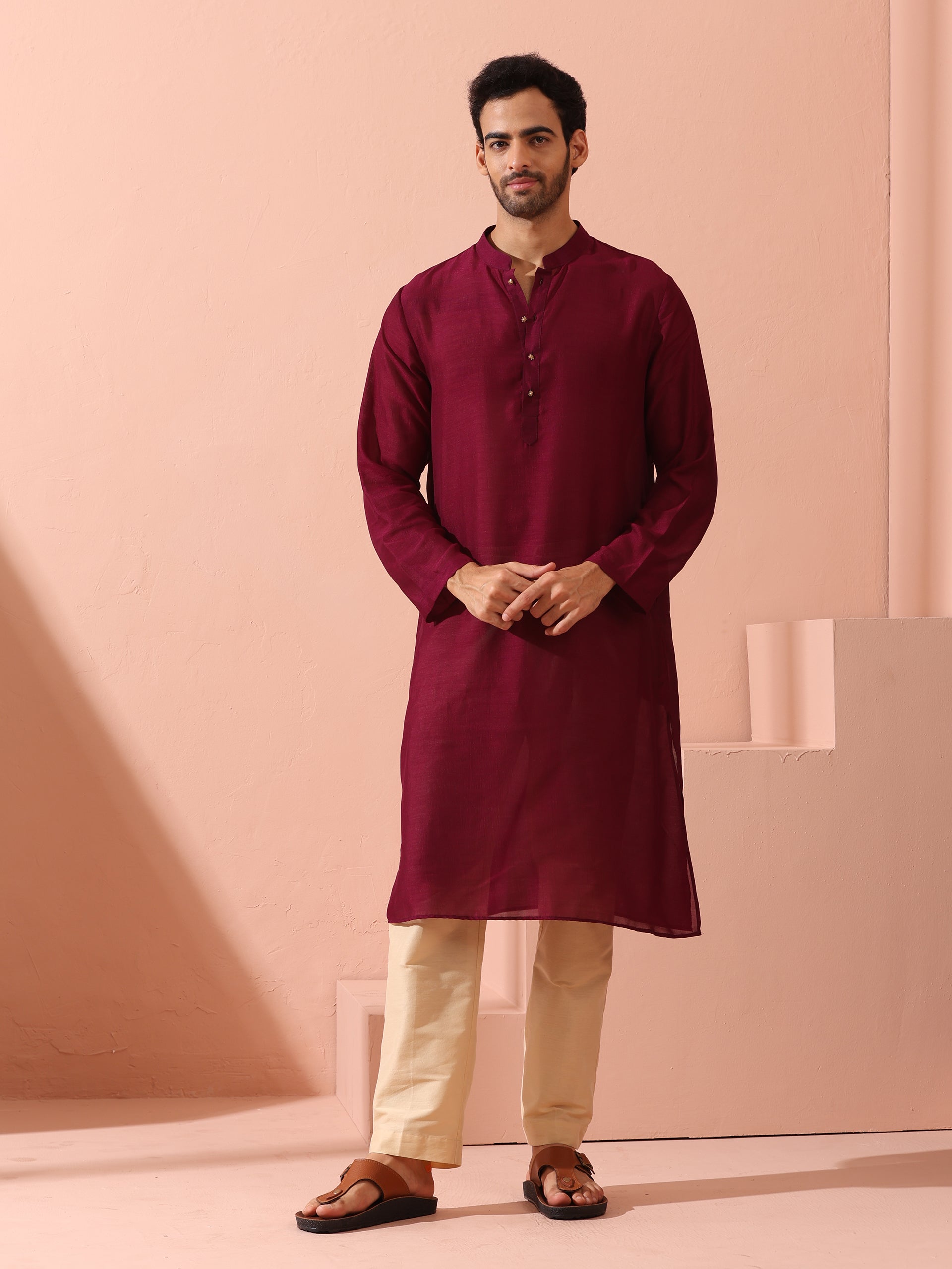Comfort Wine Kurta with Star Buttons