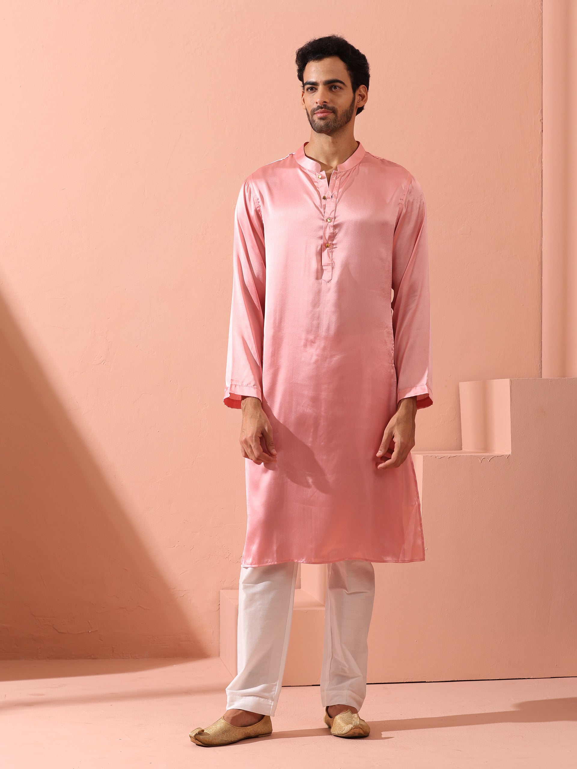 Blush Satin Kurta with Gold Buttons