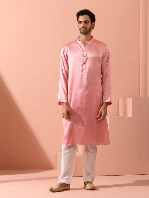 Blush Satin Kurta with Gold Buttons