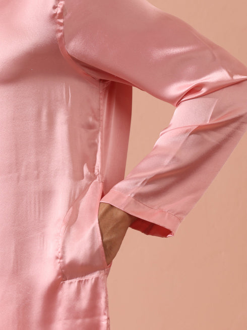 Blush Satin Kurta with Gold Buttons
