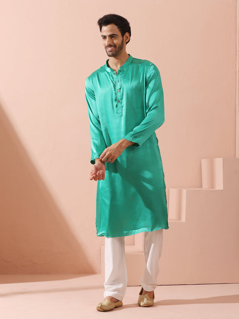 Hamilton Green Satin Kurta with Gold Buttons
