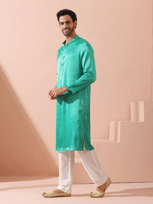 Hamilton Green Satin Kurta with Gold Buttons