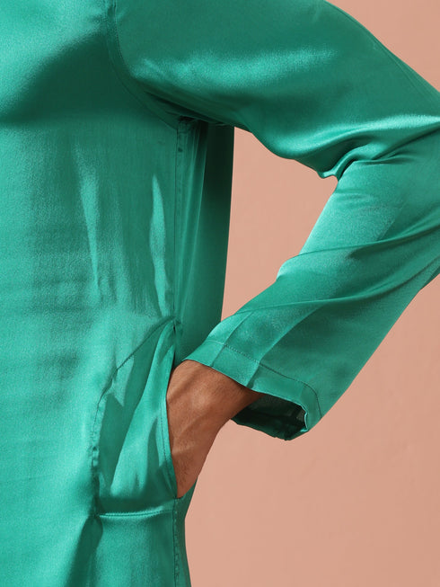 Hamilton Green Satin Kurta with Gold Buttons