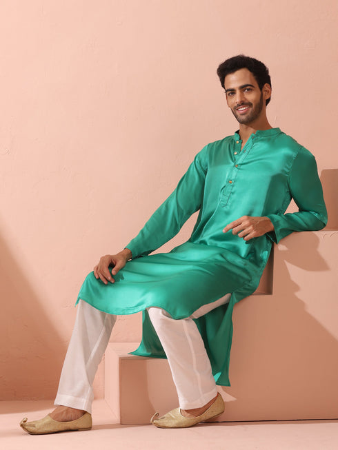 Hamilton Green Satin Kurta with Gold Buttons