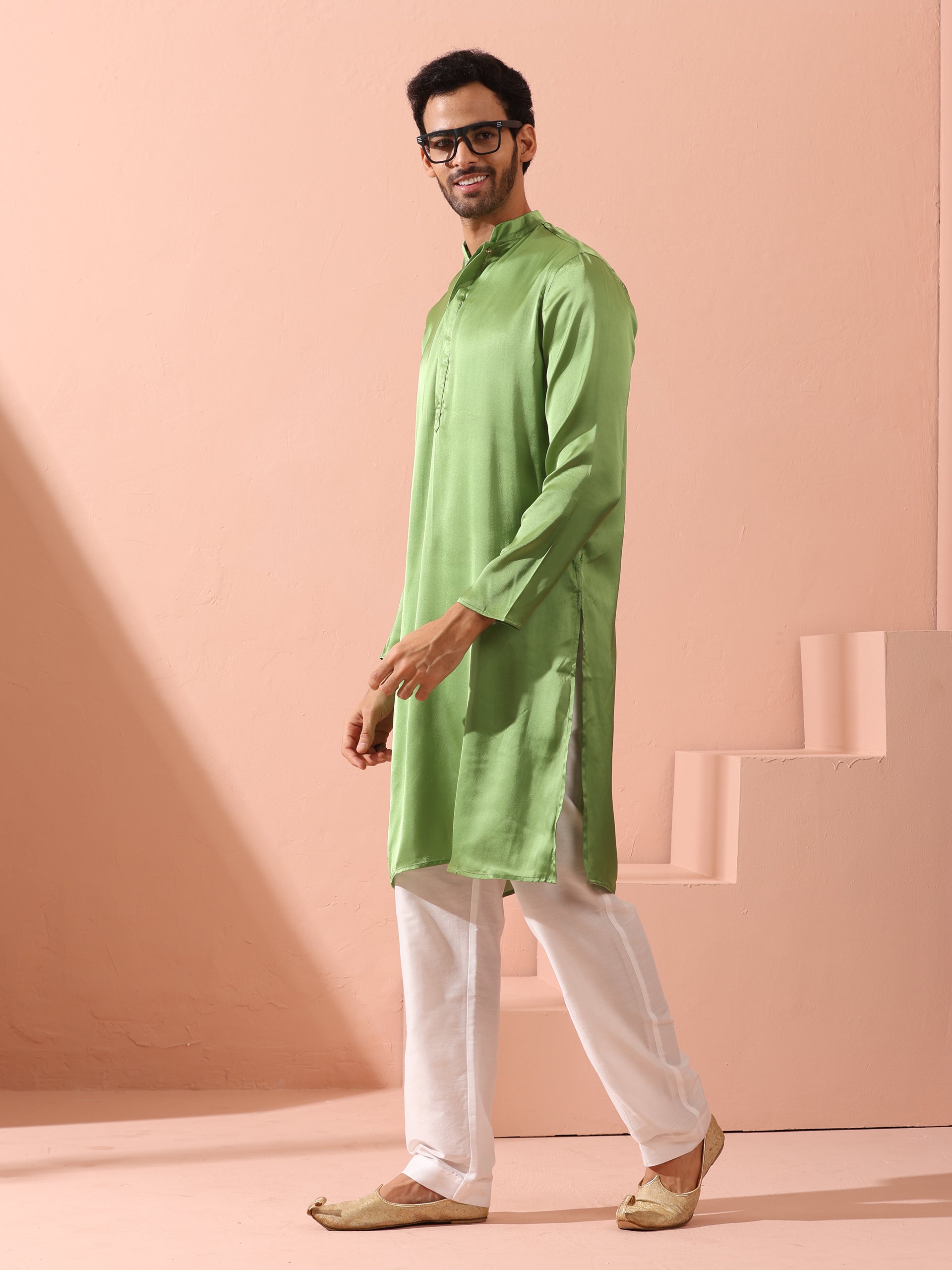 Green Apple Satin Kurta with Hidden Placket