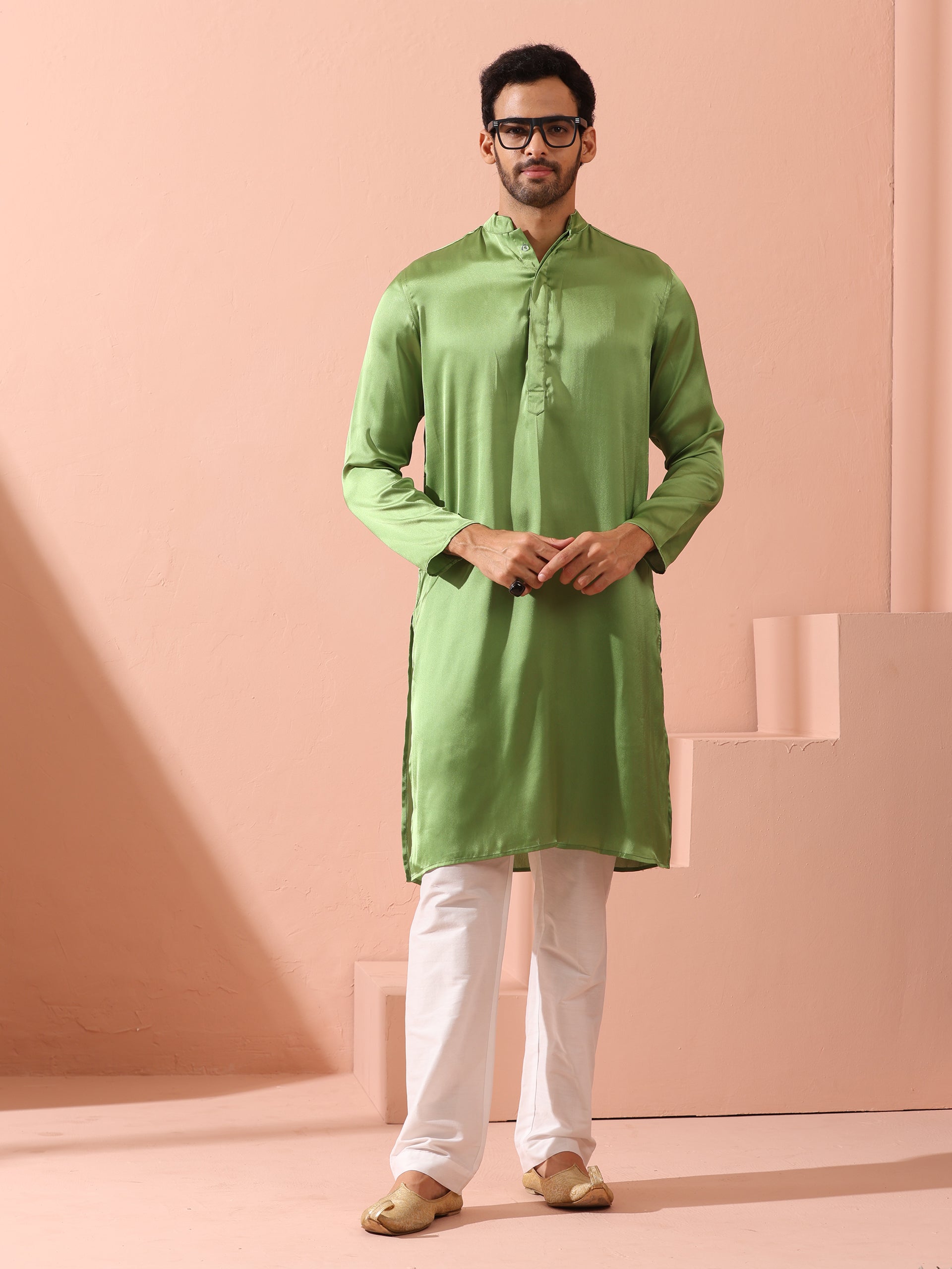 Green Apple Satin Kurta with Hidden Placket
