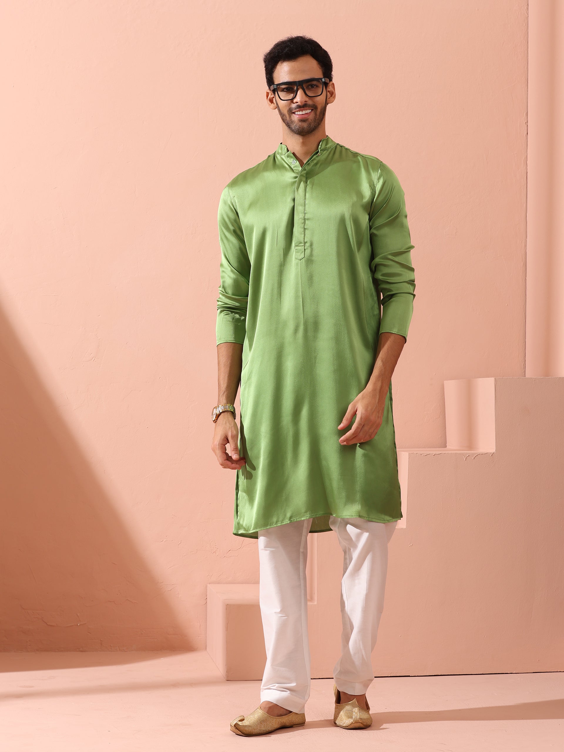 Green Apple Satin Kurta with Hidden Placket