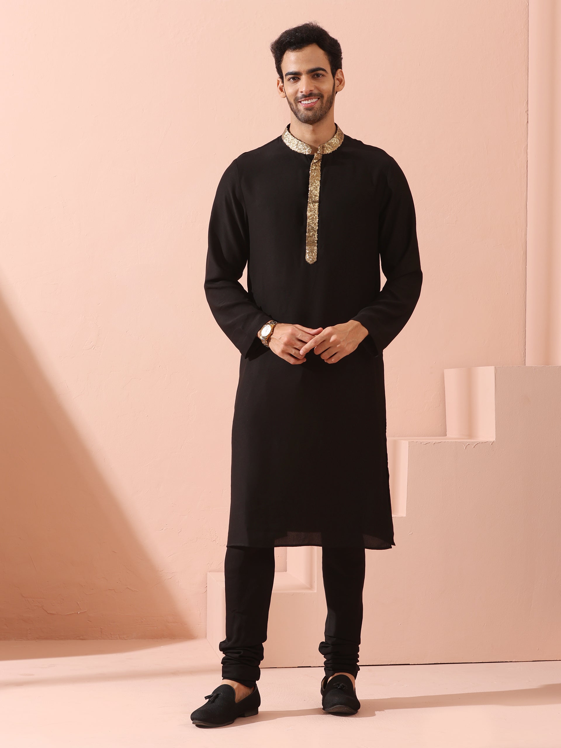Swtantra Tycoon Black Korean with Gold Placket kurta