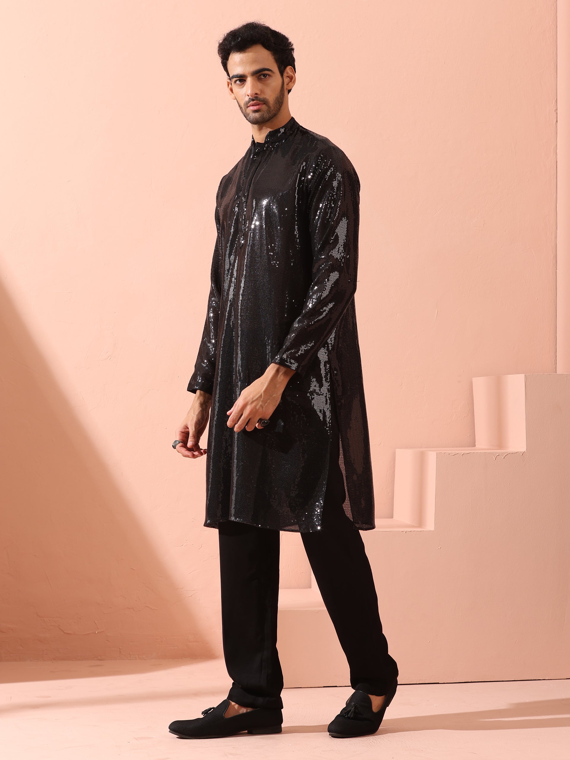 Debonair Black Sequin Kurta with Hidden Placket