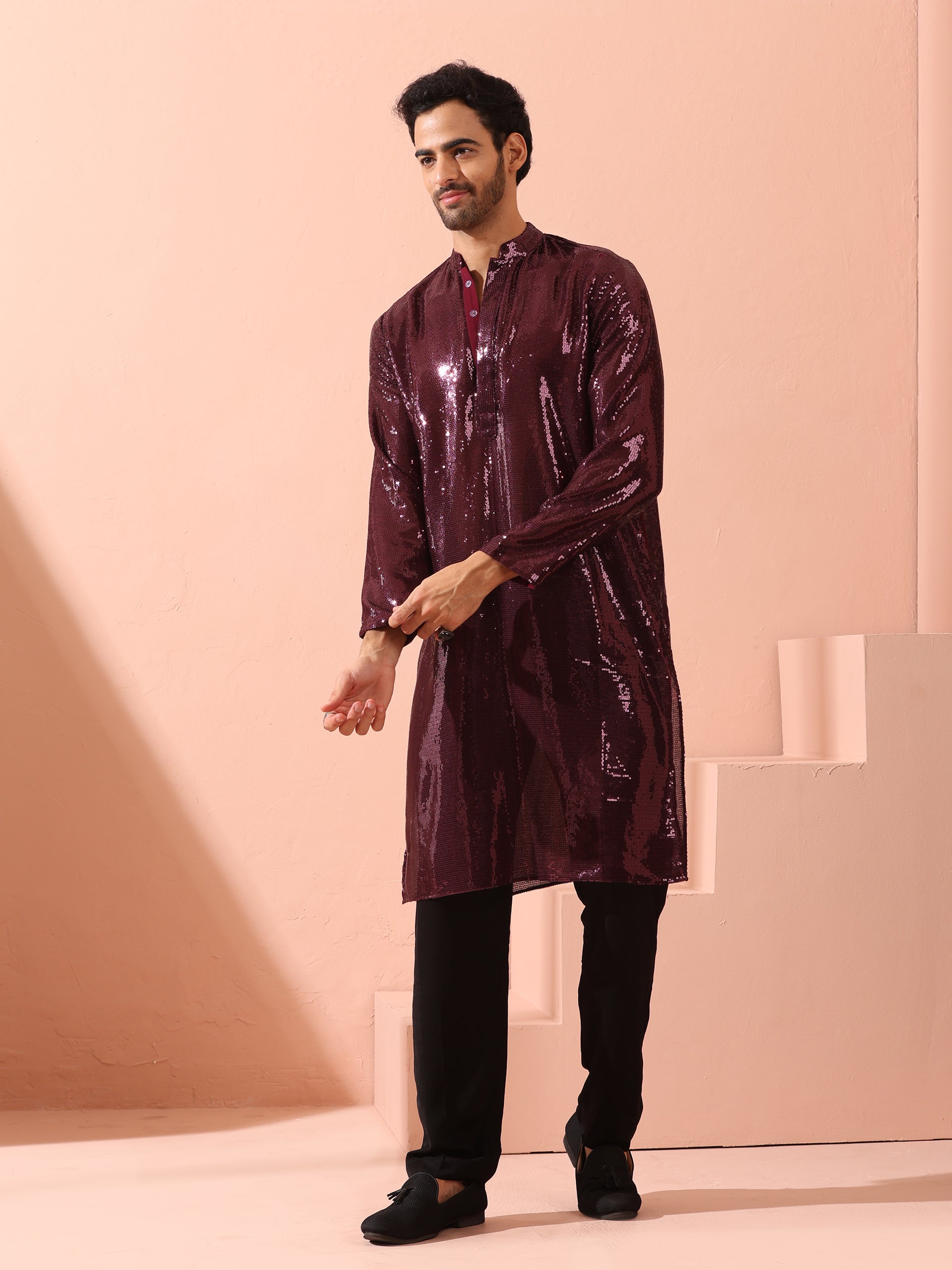 Wine Sequin Kurta with Hidden Placket