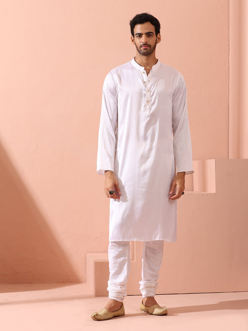Sufi White Satin Kurta with Gold Buttons
