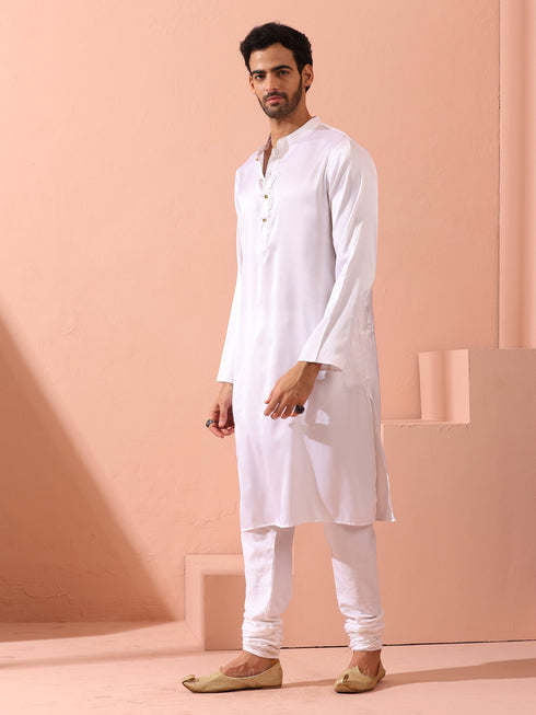 Sufi White Satin Kurta with Gold Buttons