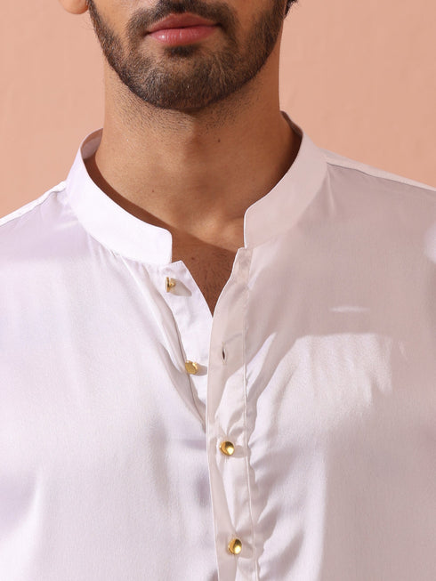 Sufi White Satin Kurta with Gold Buttons