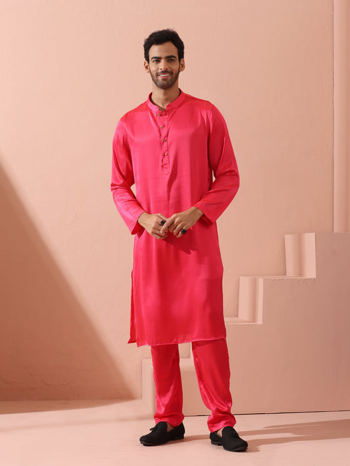 Ruby Pink Satin Kurta with Gold Buttons