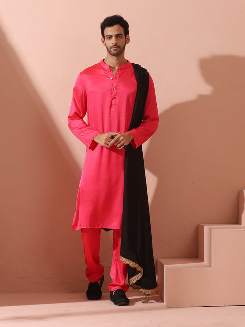 Ruby Pink Satin Kurta with Gold Buttons