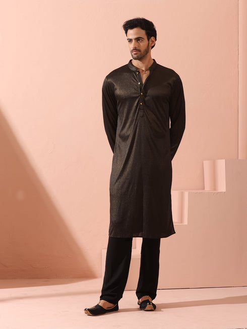Black Gold Knit Kurta with Gold Buttons