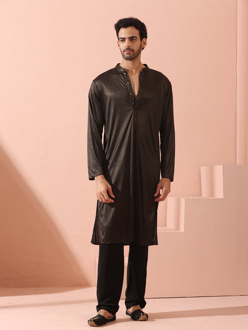 Black Gold Knit Kurta with Gold Buttons