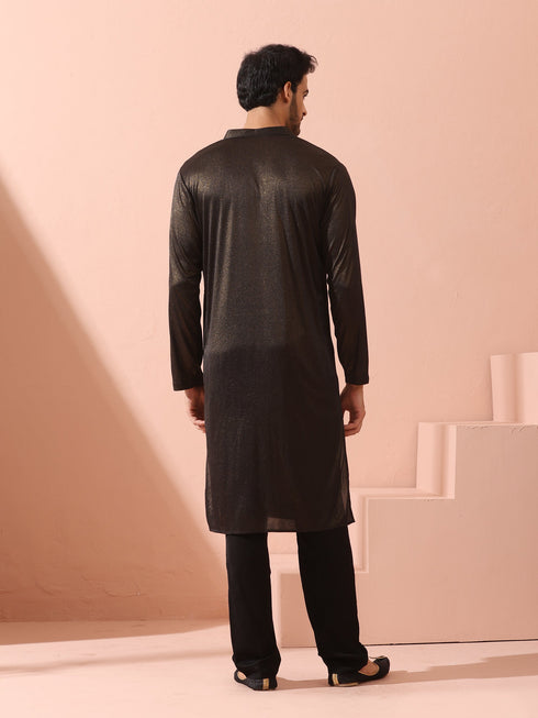 Black Gold Knit Kurta with Gold Buttons