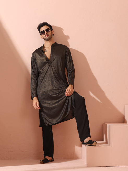 Black Gold Knit Kurta with Gold Buttons