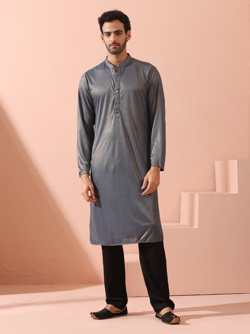 Grey Gold Knit Kurta with Gold Buttons
