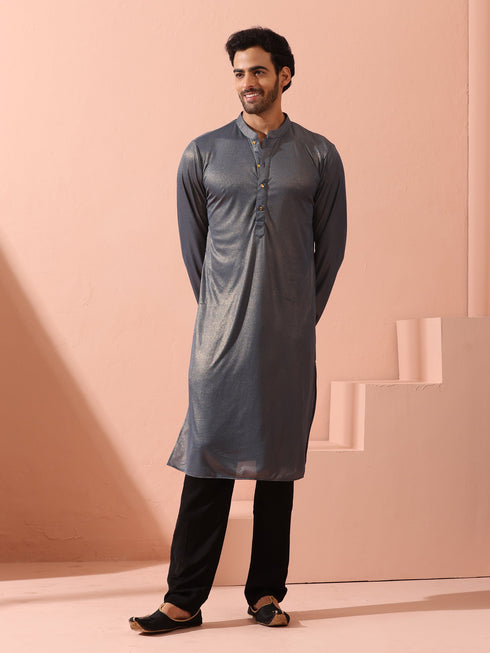 Grey Gold Knit Kurta with Gold Buttons
