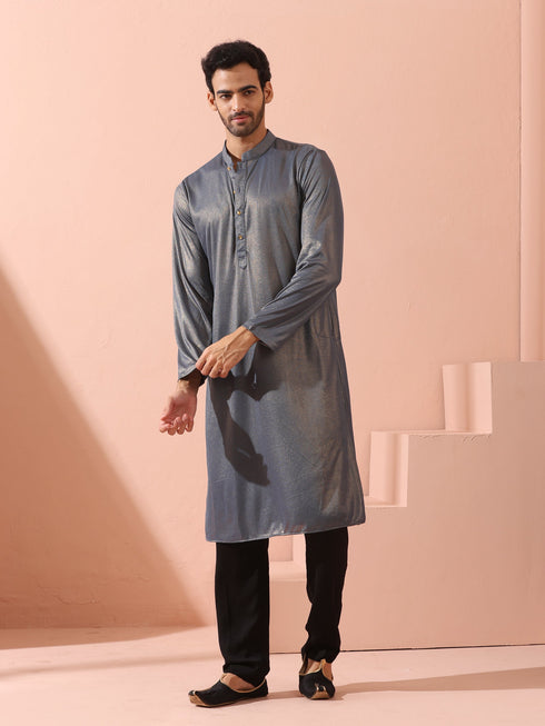 Grey Gold Knit Kurta with Gold Buttons