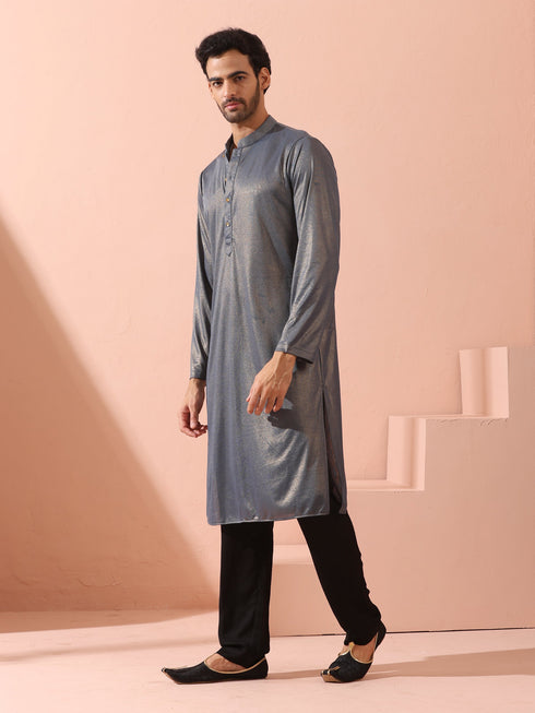 Grey Gold Knit Kurta with Gold Buttons