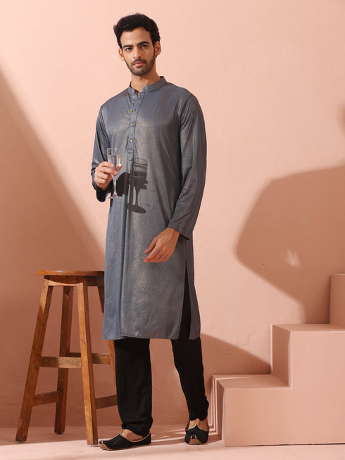 Grey Gold Knit Kurta with Gold Buttons