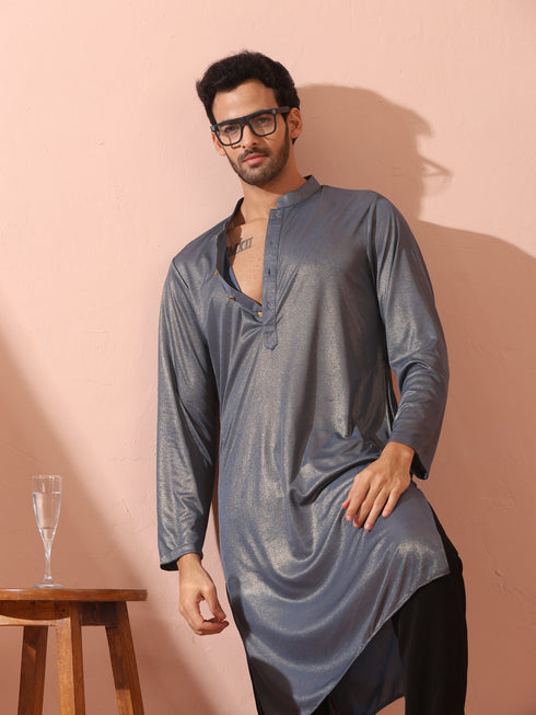 Grey Gold Knit Kurta with Gold Buttons