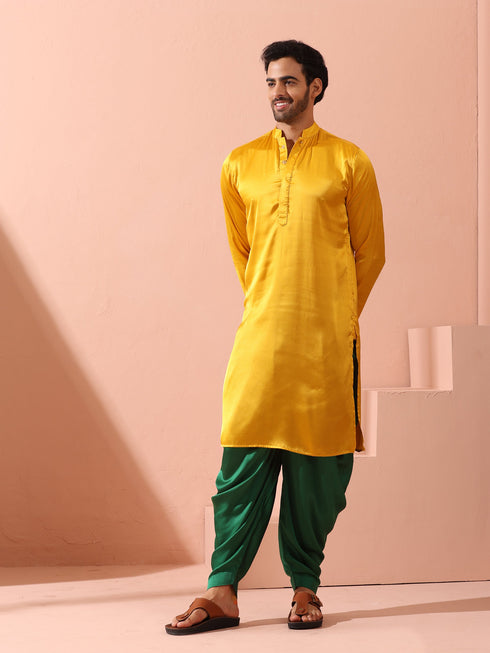 Yellow Python Satin Kurta with Hidden Placket