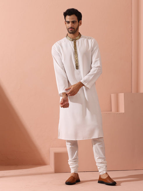 White & Gold Sequin Crepe Kurta with Hidden Placket
