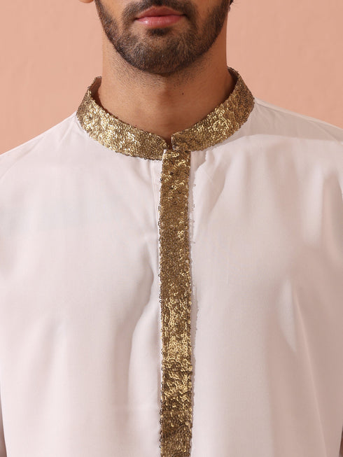 White & Gold Sequin Crepe Kurta with Hidden Placket