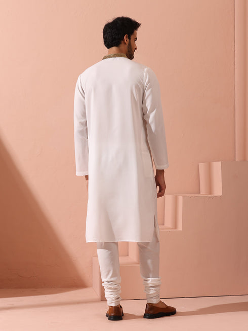 White & Gold Sequin Crepe Kurta with Hidden Placket