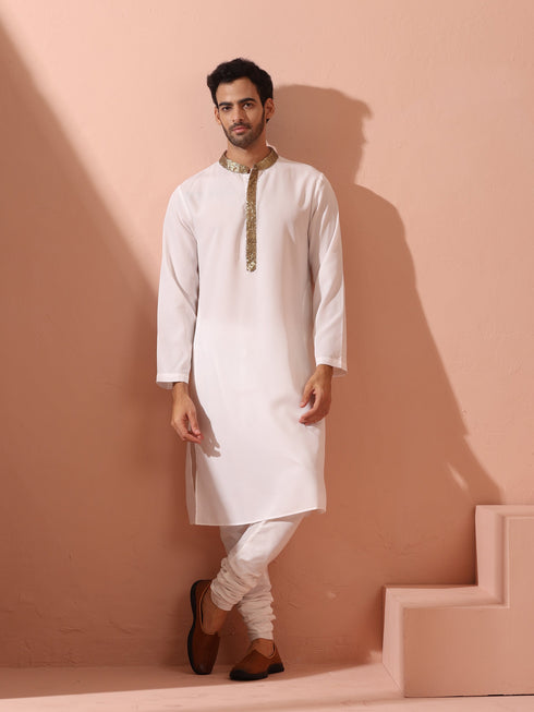 White & Gold Sequin Crepe Kurta with Hidden Placket