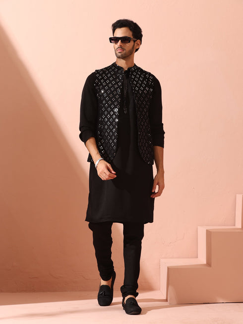 SET of 2 - Black Korean Kurta with Sequin Placket and Churidar